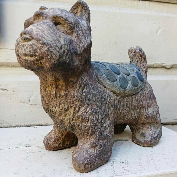 Vintage Scotty Terrier Solid Concrete Cement Stone w/Inlaid Stone Saddle - Picture 4 of 14